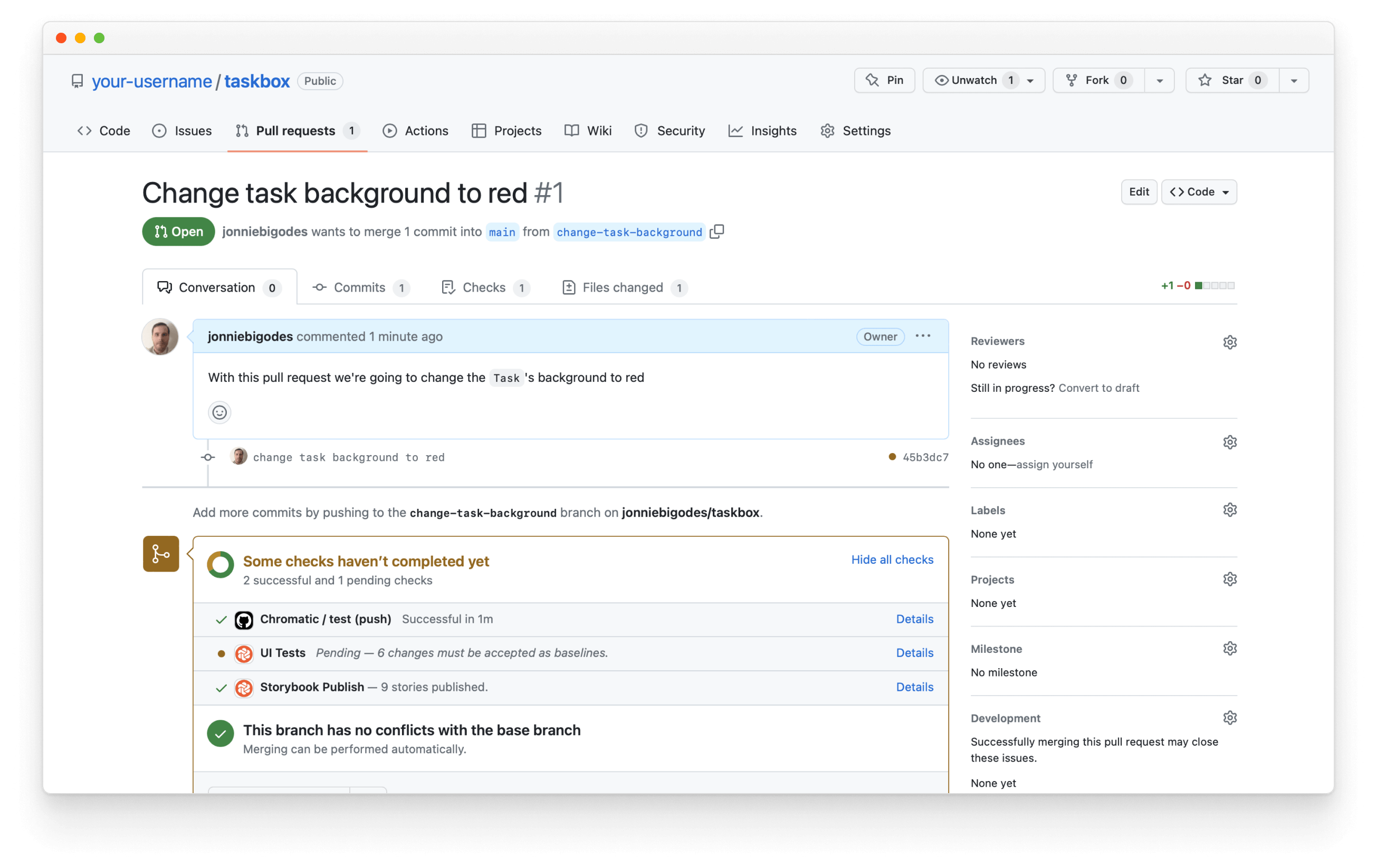 Een PR in GitHub aangemaakt voor task